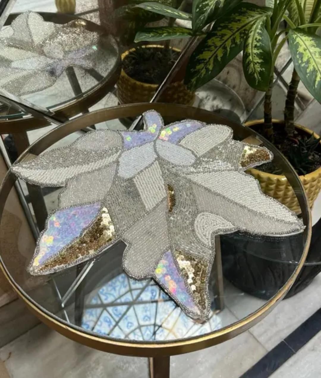 Beaded Dragonfly Decorative TableRunner, Silver with Gold and Iridescent Sequin Details, Handcrafted