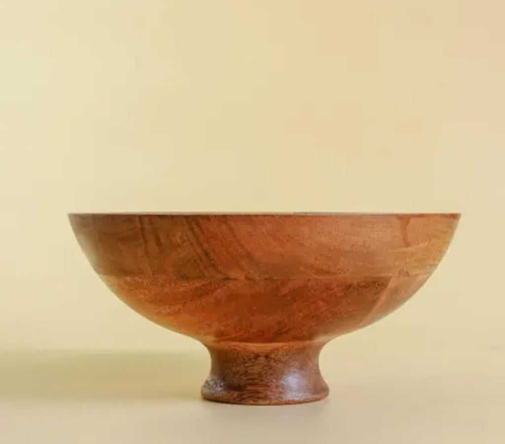 Wooden Fruit Bowl with Pedestal Base, Natural Wood Finish, Decorative Serving Display