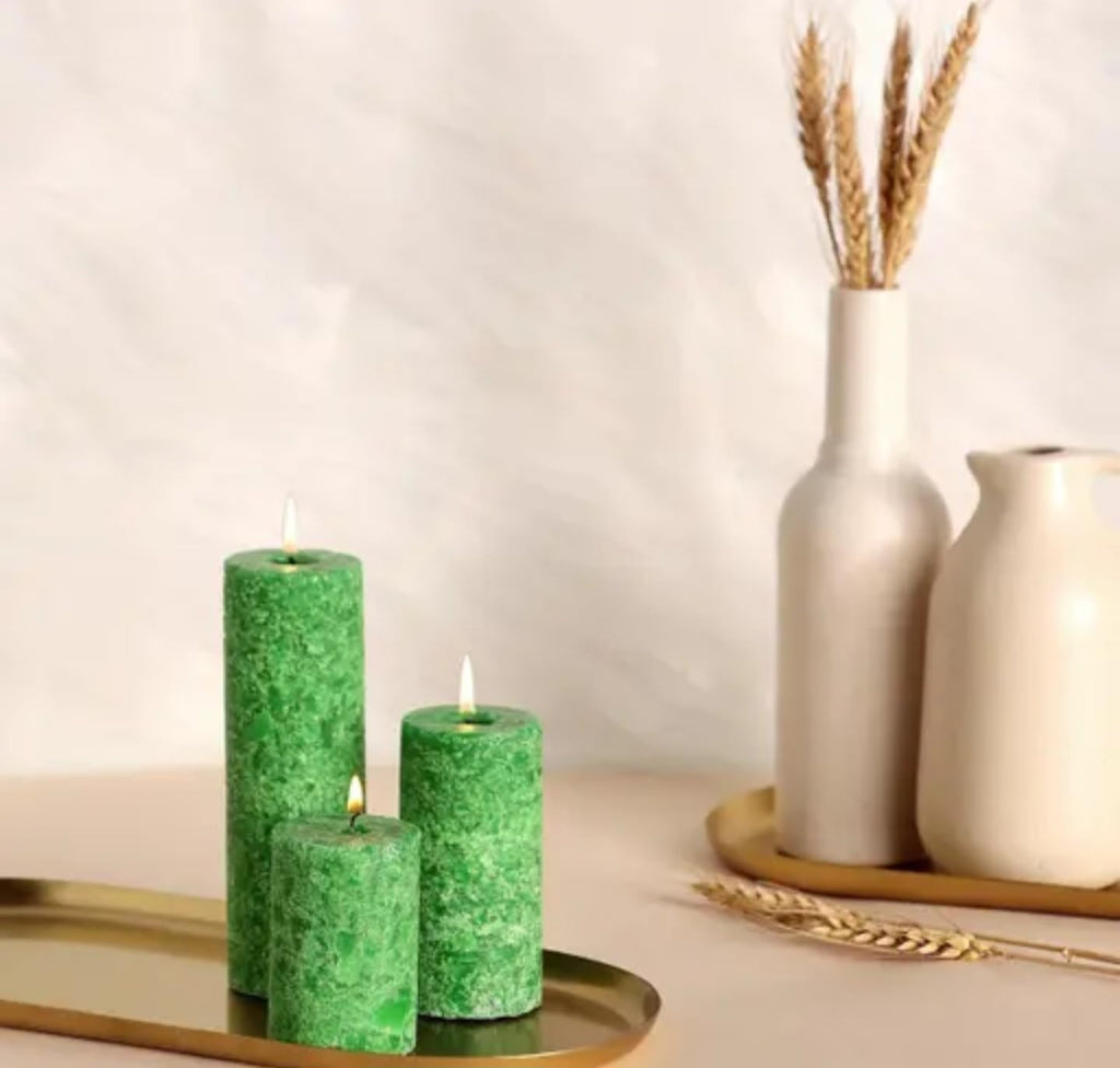 Rustic Textured Pillar Candles Set, Green, 3 Different Heights