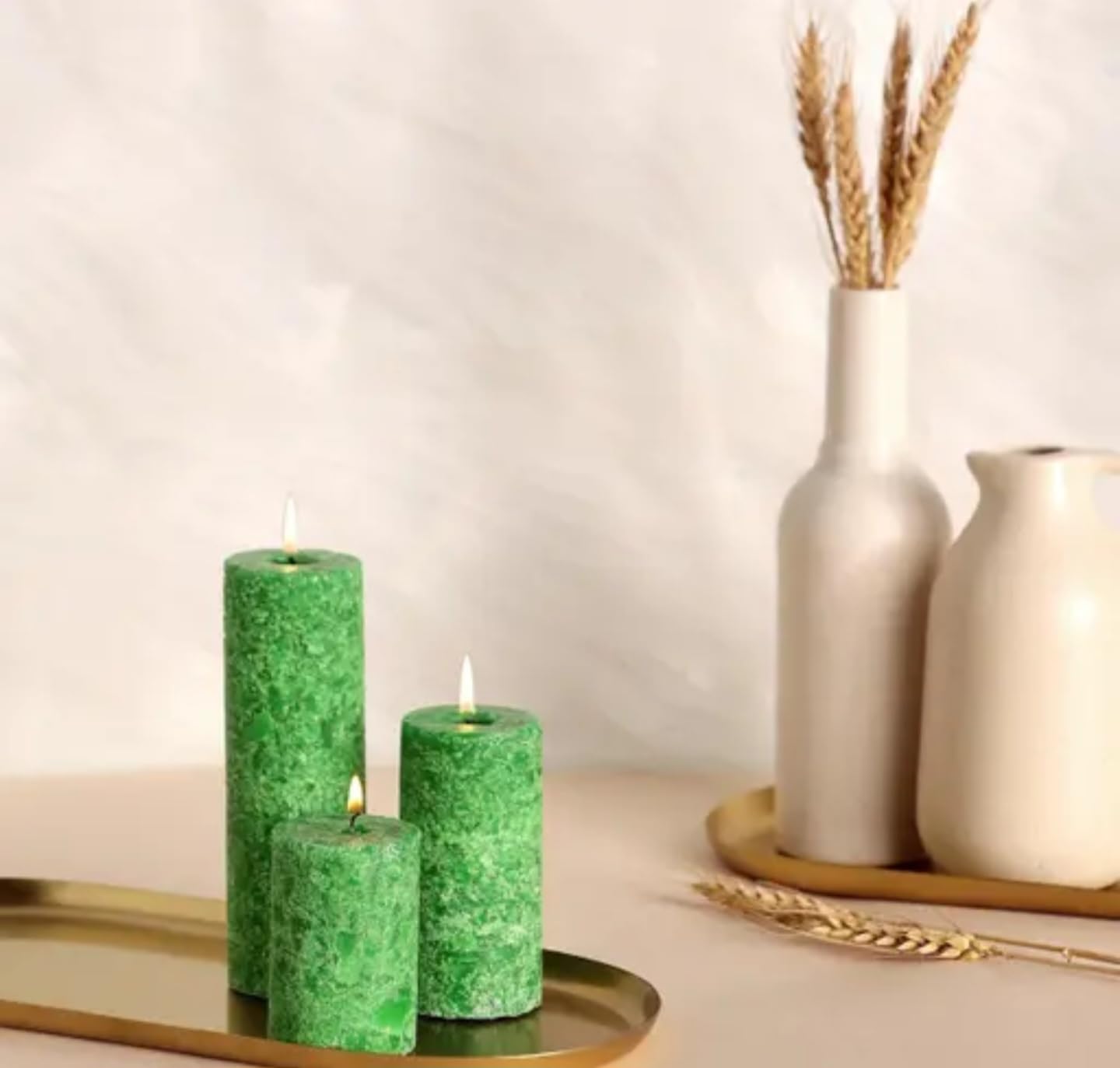 Rustic Textured Pillar Candles Set, Green, 3 Different Heights