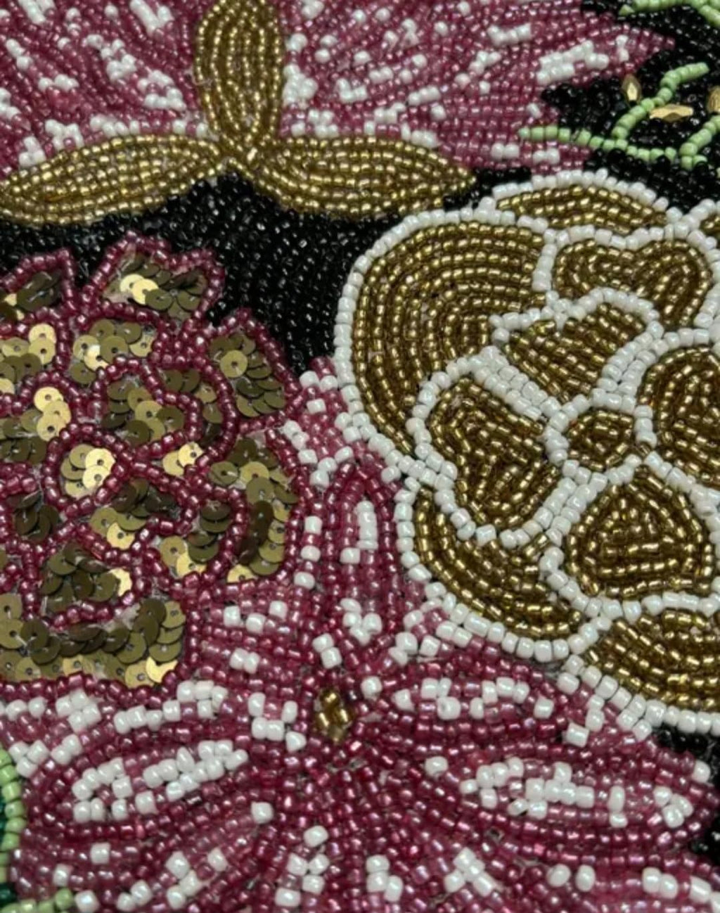 Beaded Round Placemat, Black Floral Design, Handcrafted Seed Bead, Botanical Table Decor