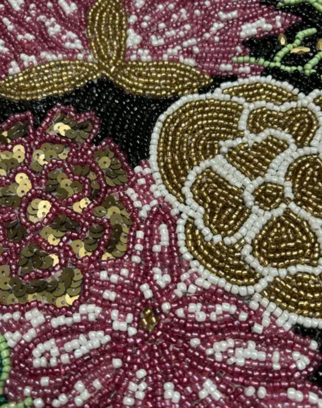 Beaded Round Placemat, Black Floral Design, Handcrafted Seed Bead, Botanical Table Decor