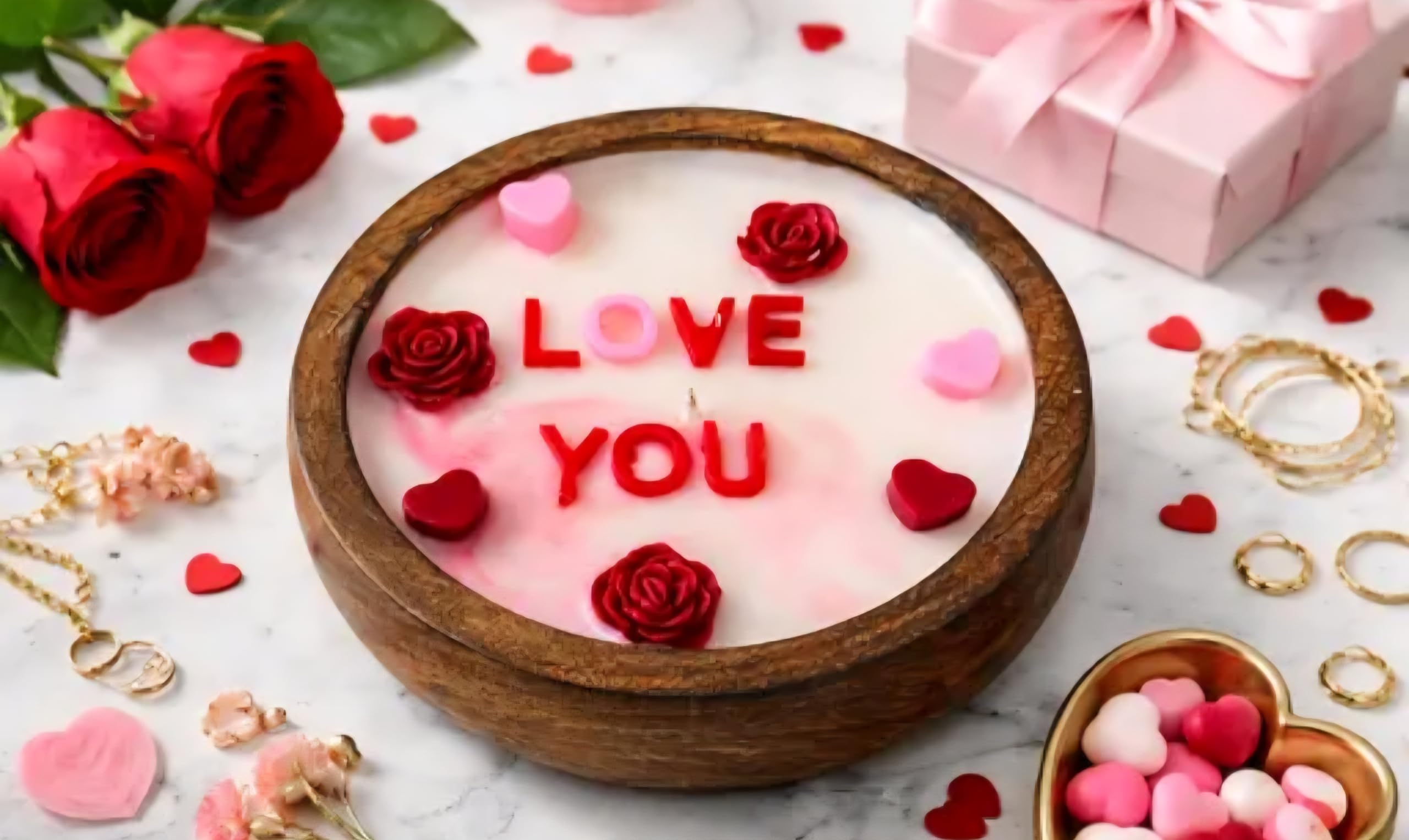Love You Scented Candle in Wooden Bowl, Rose and Heart Embellishments, Valentine's Day Gift