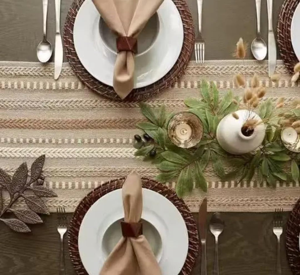 Woven Table Runner, Beige, Textured Striped Pattern with Fringe Ends, Boho Farmhouse Style