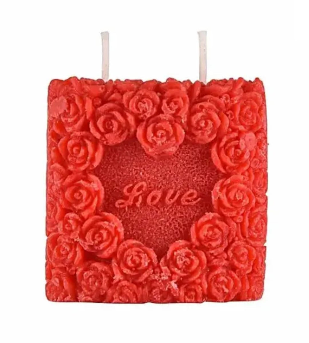 Decorative Rose Candle, Red, Love Design, Square Shape, Romantic Theme