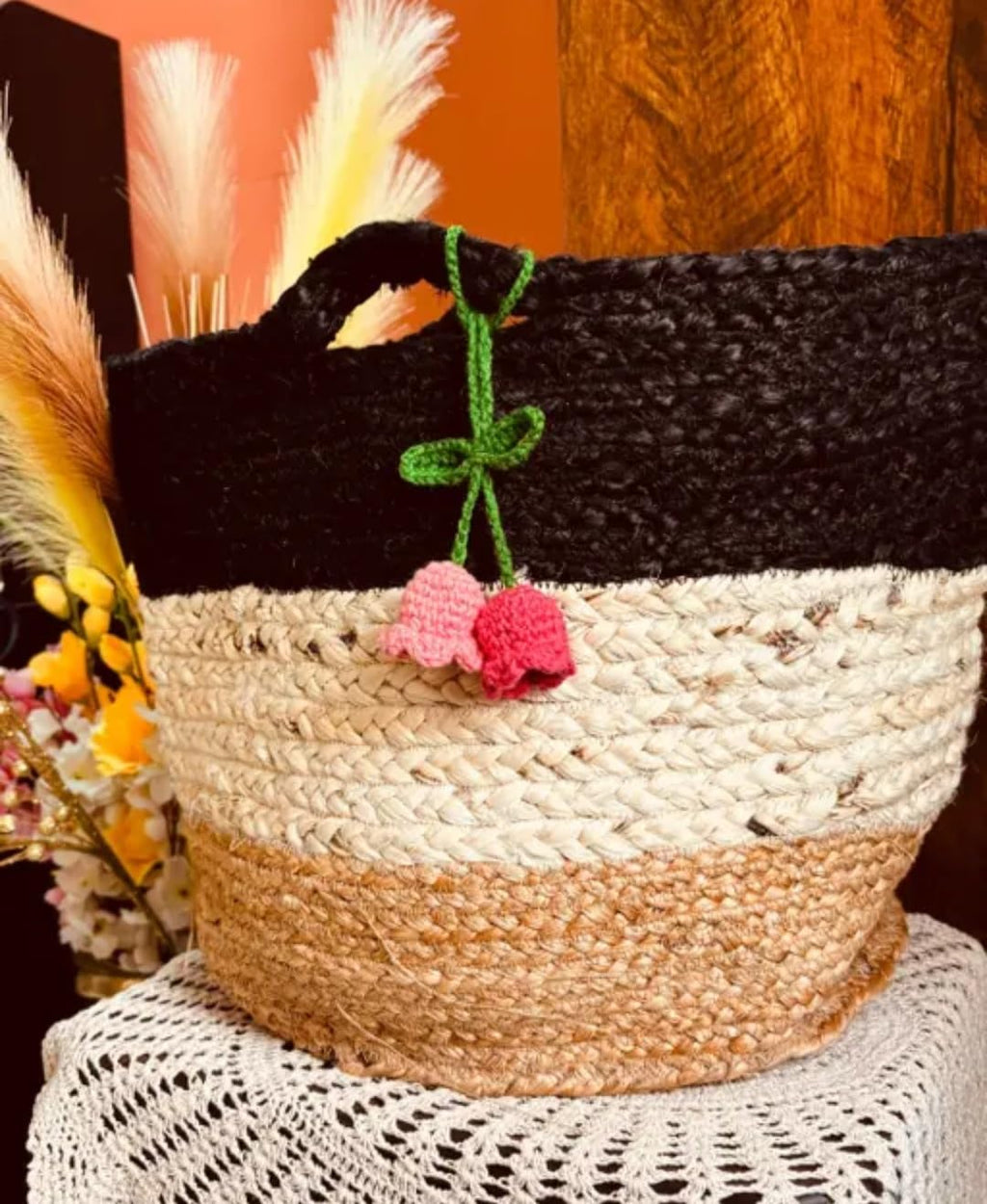 Handwoven Jute Storage Basket, Tricolor Black, Natural and Tan, Crochet Flower Accent