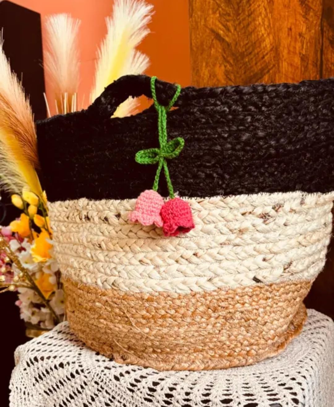 Handwoven Jute Storage Basket, Tricolor Black, Natural and Tan, Crochet Flower Accent