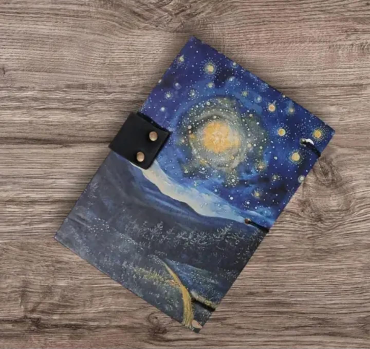 Handcrafted Starry Night Journal with Metal Clasp, Blue Galaxy Design, Hardcover Notebook with Mountain Landscape Art
