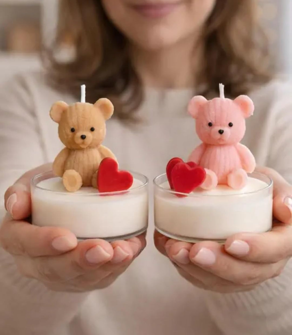 Teddy Bear Candles with Red Hearts, Set of 2, Pink and Beige, Decorative Tea Light Candles