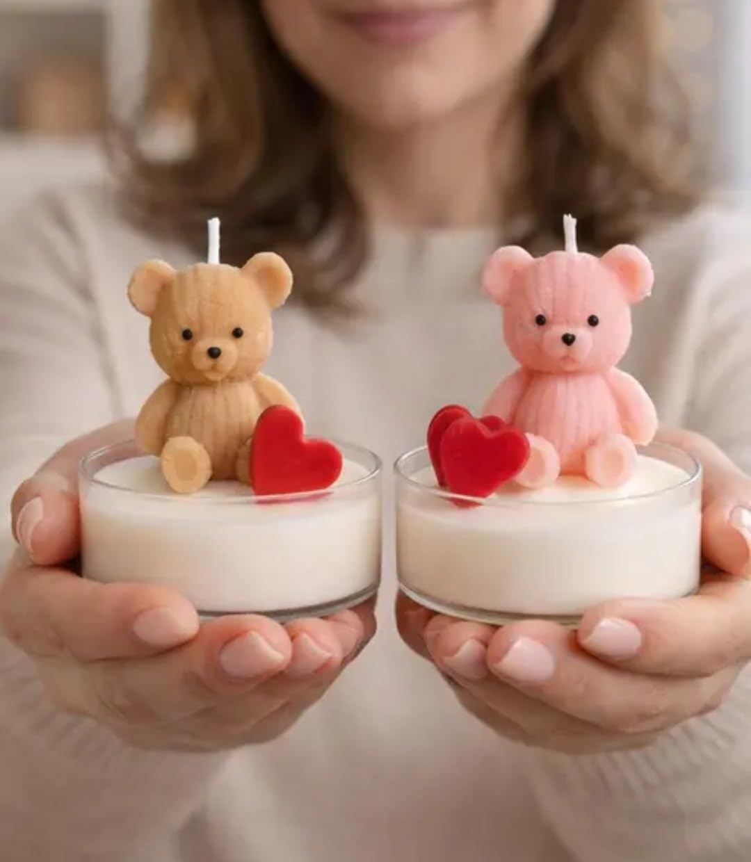 Teddy Bear Candles with Red Hearts, Set of 2, Pink and Beige, Decorative Tea Light Candles