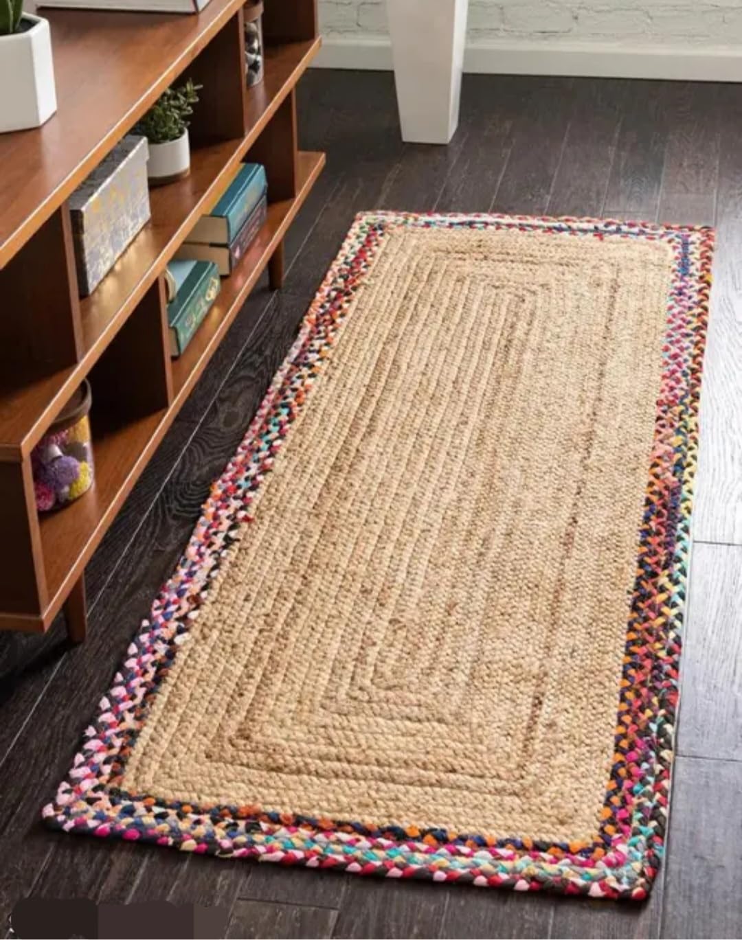 Handwoven Jute Runner Rug with Colorful Braided Border, Natural, Rectangular, Boho Style