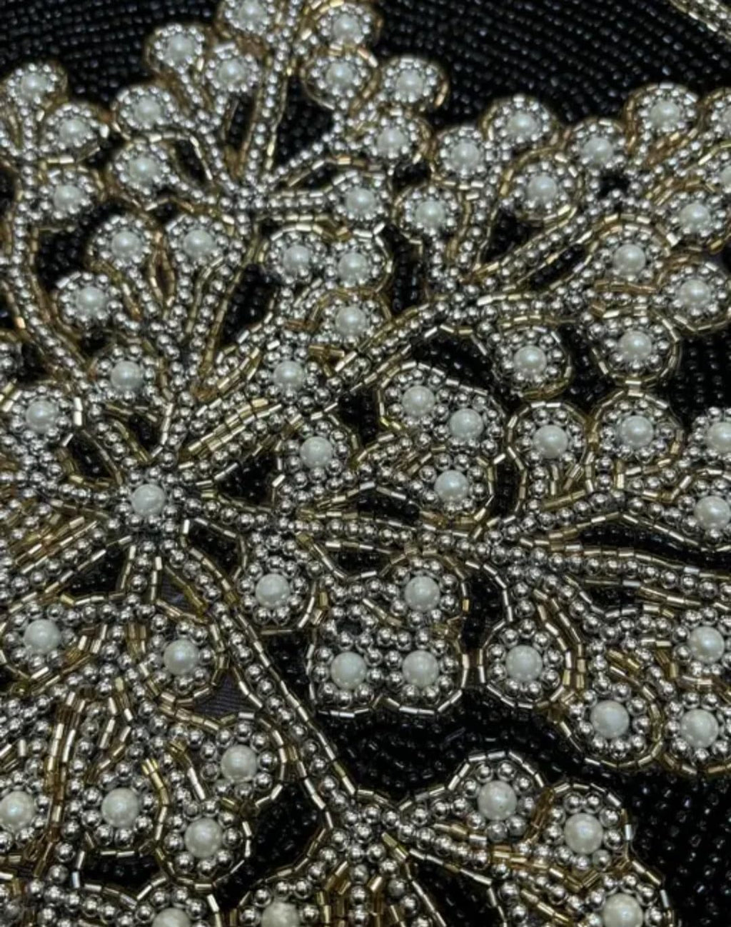 Beaded Snowflake Placemat, Black and Gold, Round, Handcrafted, Christmas Holiday Table Decor
