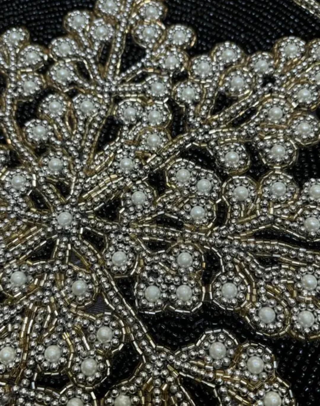 Beaded Snowflake Placemat, Black and Gold, Round, Handcrafted, Christmas Holiday Table Decor