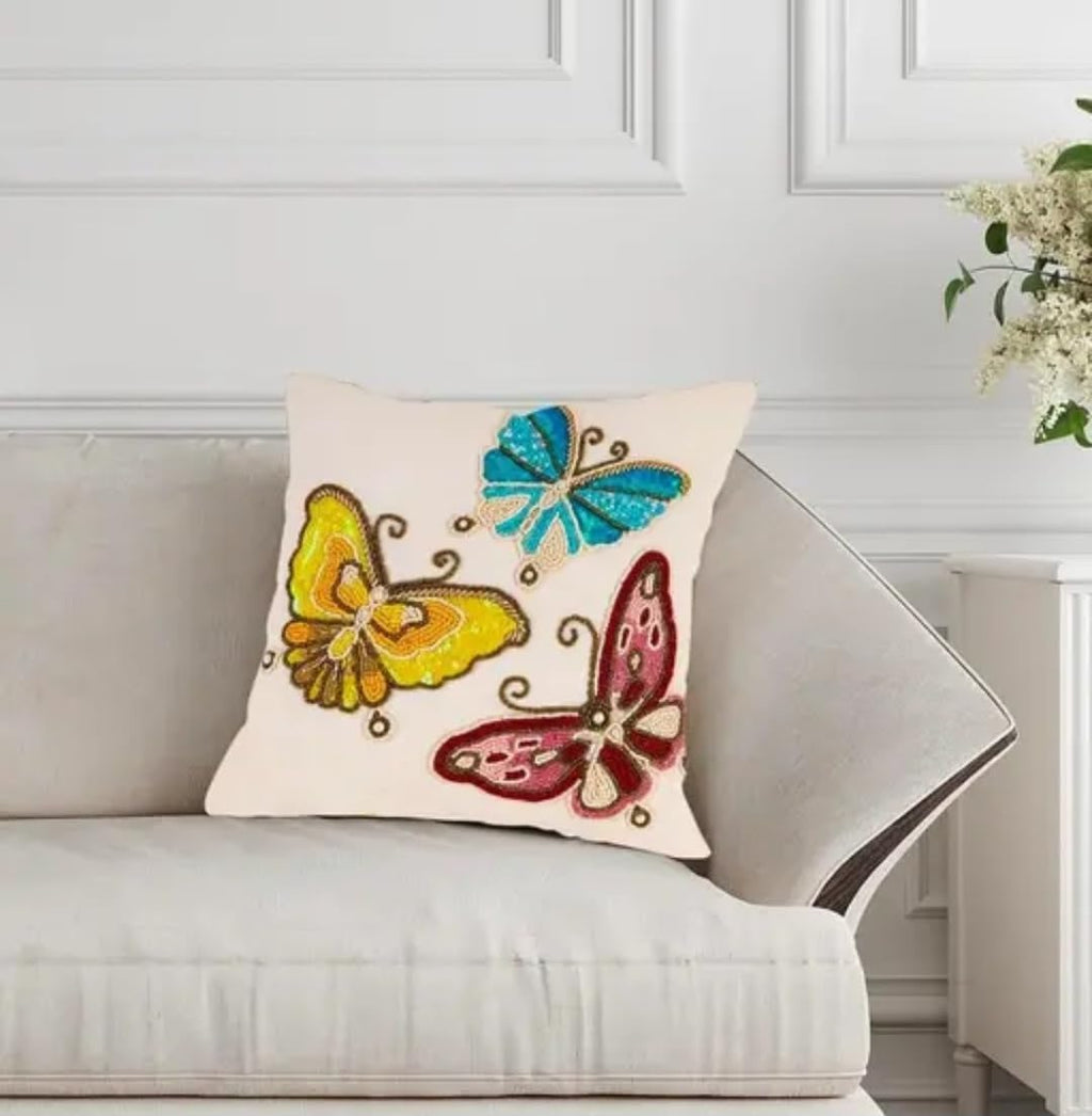 Butterfly Embroidered Throw Pillow Cover, Beaded Sequin Design, Multicolor on Cream, Decorative Cushion Cover