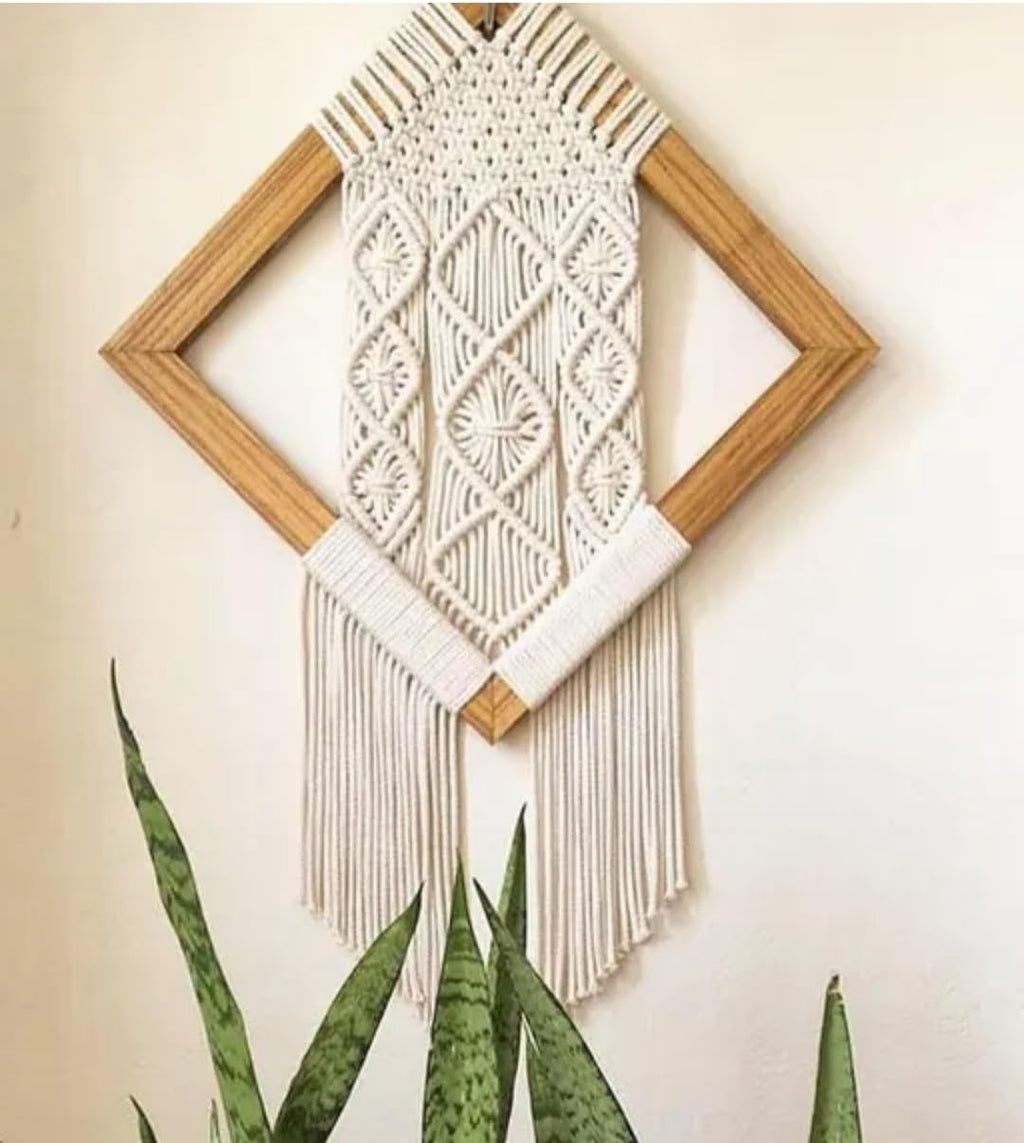 Macrame Wall Hanging with Diamond Wood Frame, Boho Cotton Rope Decor, Cream, Fringe Tapestry