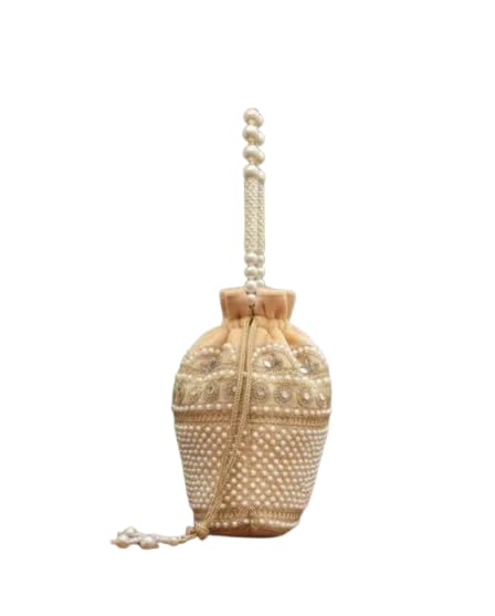 Pearl Embellished Potliie Bag, Cream, Beaded Wristlet, Ethnic Bridal Clutch Purse for Women