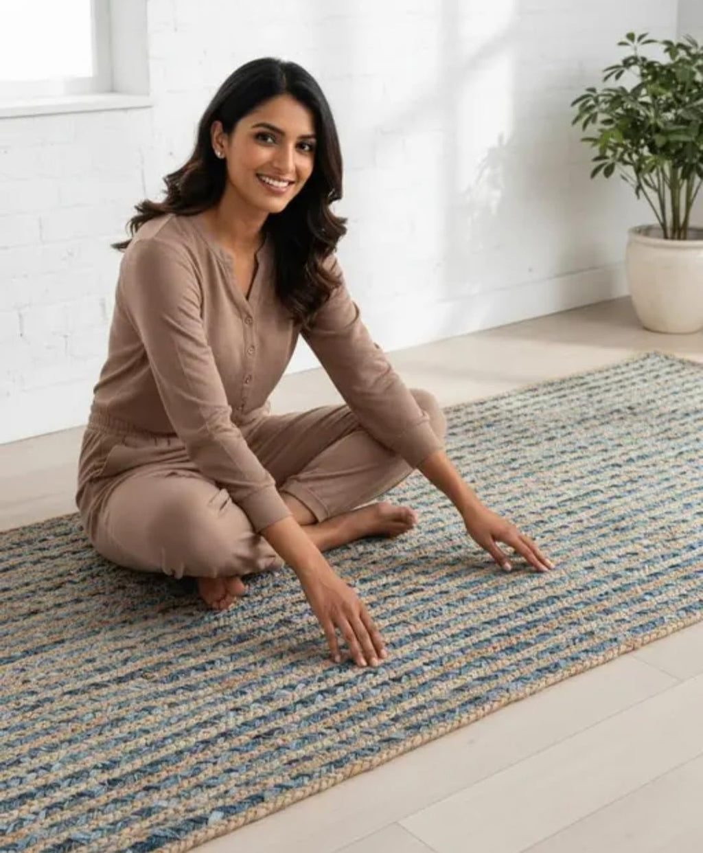 Handwoven Jute and Denim Area Rug, Blue and Natural Striped, Boho Style, Living Room Runner