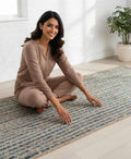 Handwoven Jute and Denim Area Rug, Blue and Natural Striped, Boho Style, Living Room Runner