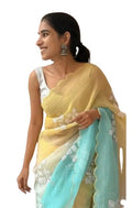 Designer Embroidered Silk Saree with Silver Floral Work, Yellow and Turquoise Ombre, Traditional Indian Wedding Wear