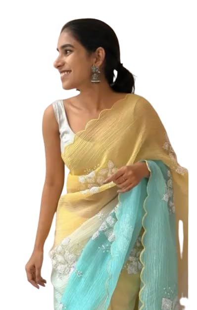 Designer Embroidered Silk Saree with Silver Floral Work, Yellow and Turquoise Ombre, Traditional Indian Wedding Wear