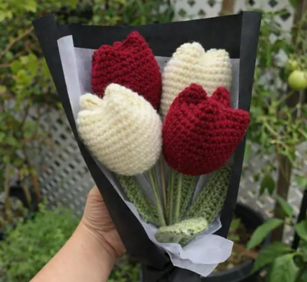 Handmade Crochet Tulip Bouquet, Red and Cream, Knitted Flowers, Valentine's Day Gift