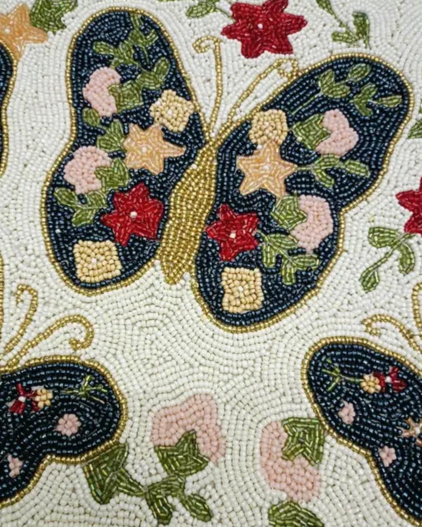 Floral Butterfly Runner Rug, Hooked Design, Cream with Navy Blue Butterflies, Red and Pink Flowers