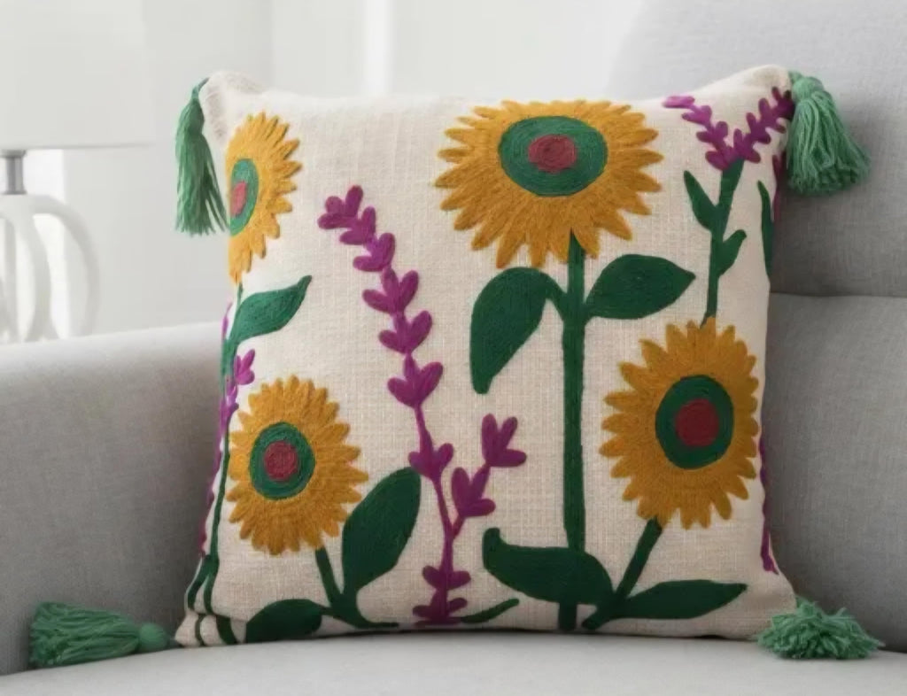 Handcrafted Sunflower Embroidered Throw Pillow Cover with Green Tassels, Floral Boho Style, Decorative Cushion Cover