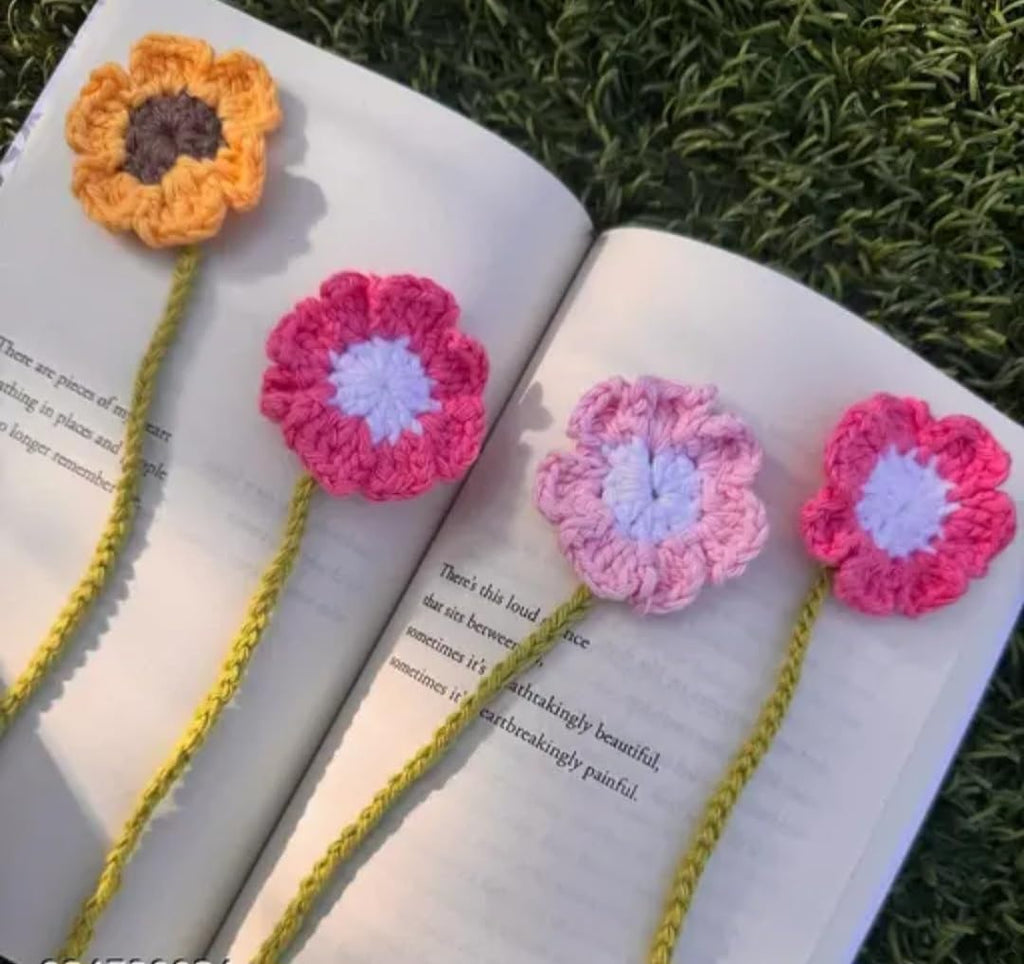 Handmade Crochet Flower Bookmarks, Set of 4, Floral Design with Leaf Stem, Multicolor