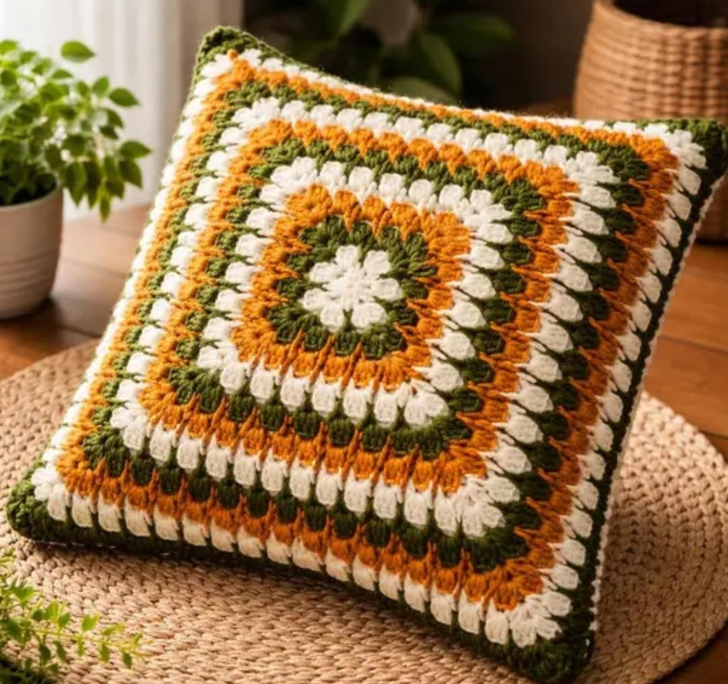 Handmade Crochet Throw Pillow Cover, Granny Square Pattern, Green, Orange & White, Boho Style