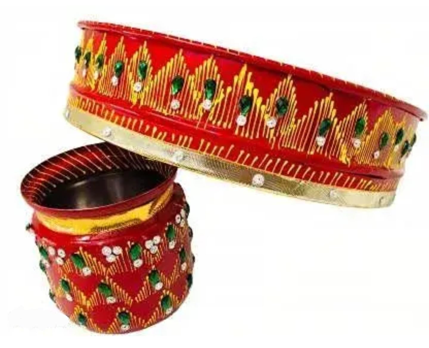 Traditional Handcrafted pooja thali, Red and Gold, Metal, Embellished with Mirror Work, Ethnic Floral Pattern, pooja samagri