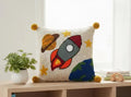 Kids Space Theme Handcrafted Pillow Cover, Rocket Planet Stars Embroidered, Pom Pom Accent, Children's Room Decor