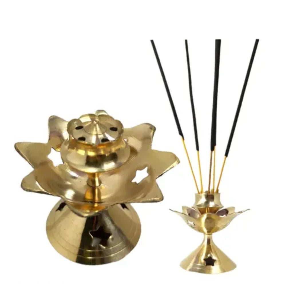 Brass Incense Holder and Burner Set, Traditional Lotus Design, Gold Finish, Decorative Metal Stand for Sticks, Home Temple Accessories