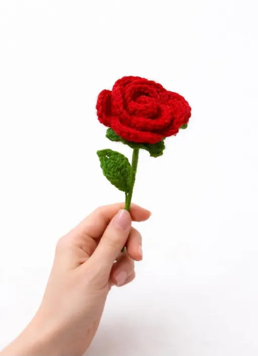 Handmade Crochet Red Rose, Single Stem with Green Leaves, Decorative Flower