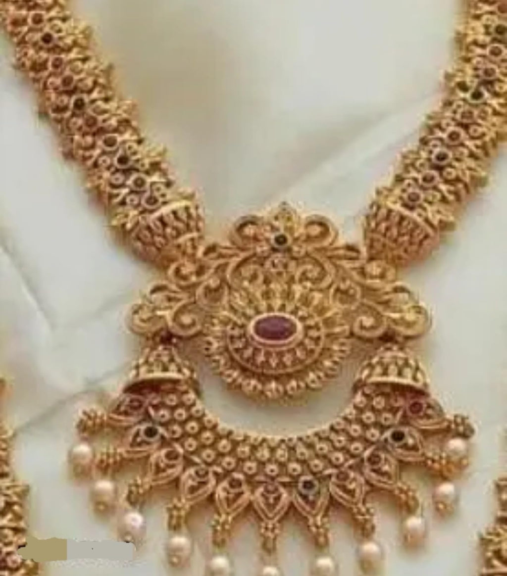 Traditional South Indian Gold-Plated Temple Jewelry Set, Antique Pearl Necklace with Pendant, Ruby Stones, Long Haram Design for Wedding
