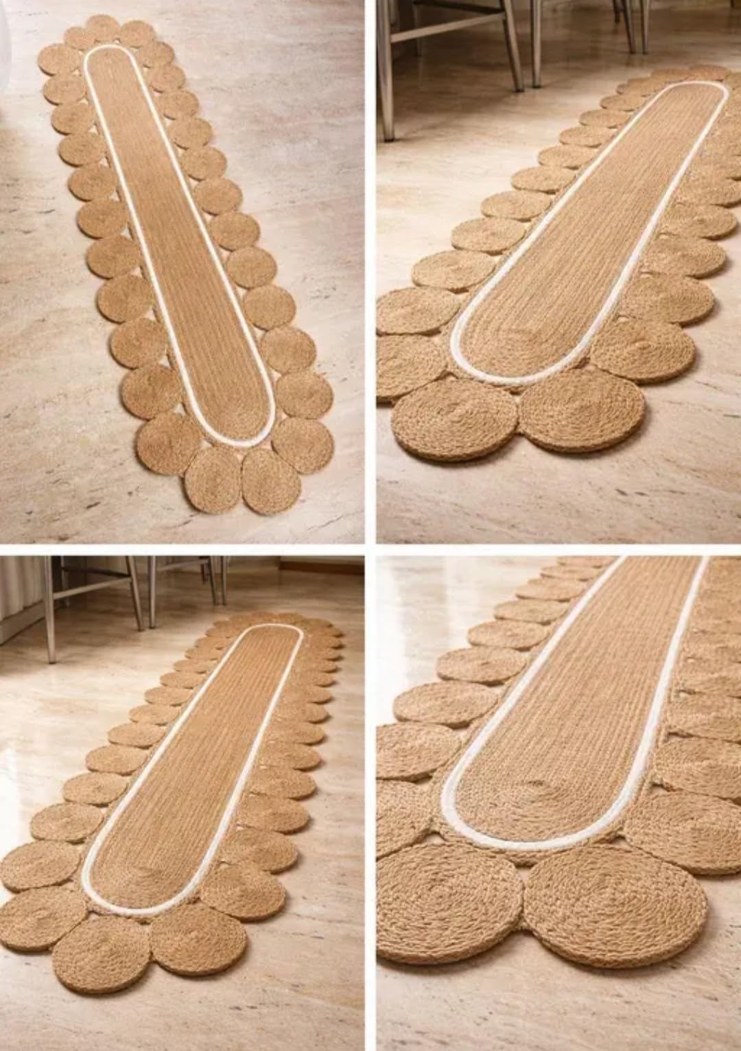 Braided Jute Runner Rug, Natural Tan, Oval Shape, Circular Medallion Border, Boho Style, Handwoven