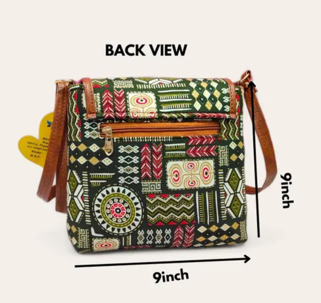 Bohemian Crossbody Bag, Tribal Print Canvas with Brown Leather Trim, Green Multi-Pattern with Tassel