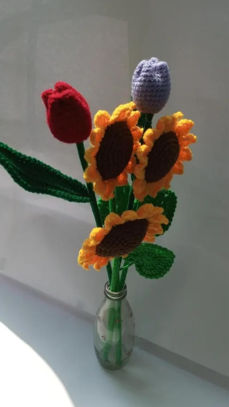 Handmade Crochet Flower Bouquet, Sunflowers and Tulips, Knitted Yarn, Home Decor