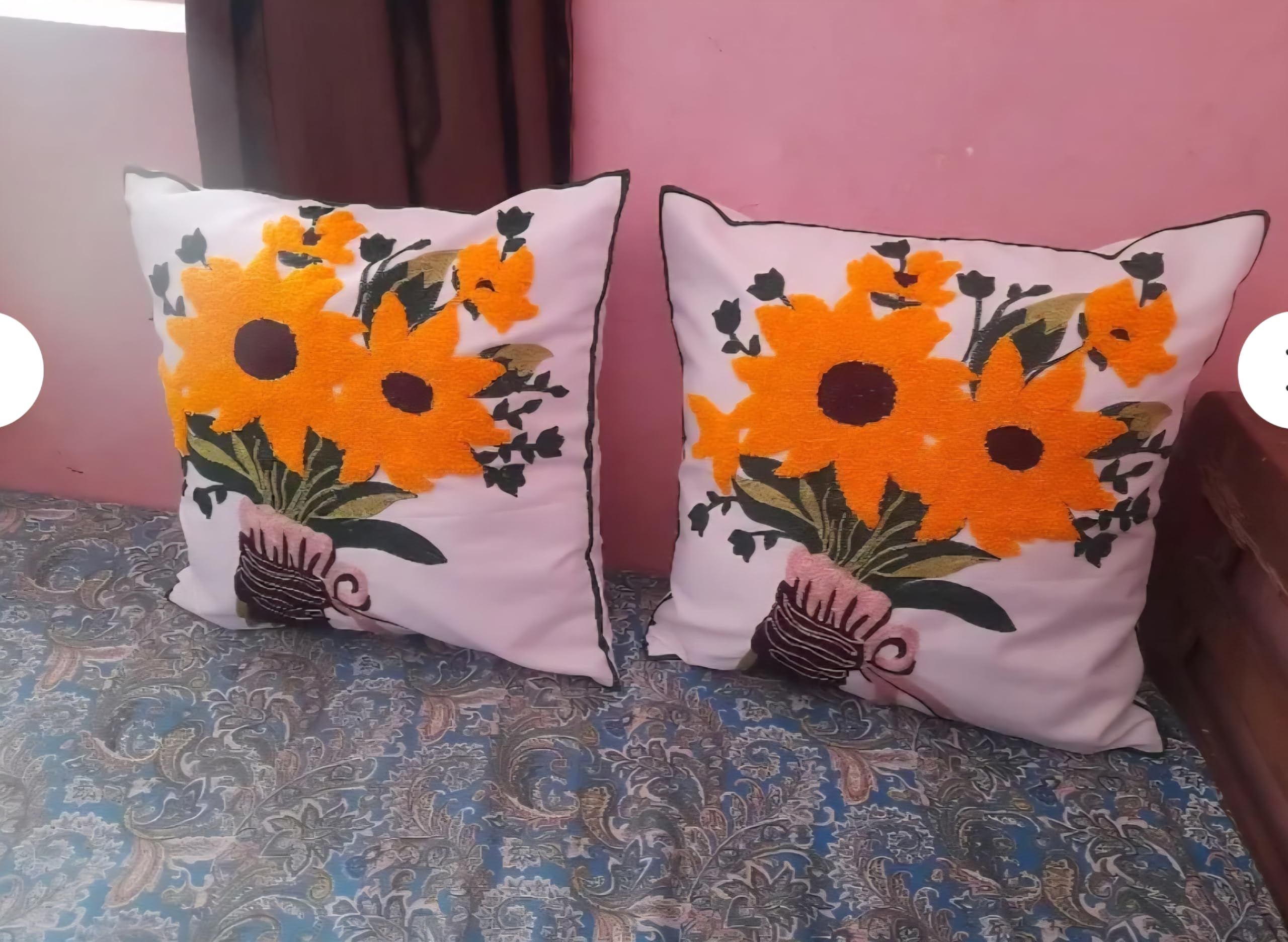 Sunflower Bouquet Embroidered Throw Pillow Covers, White, Floral, Set of 2