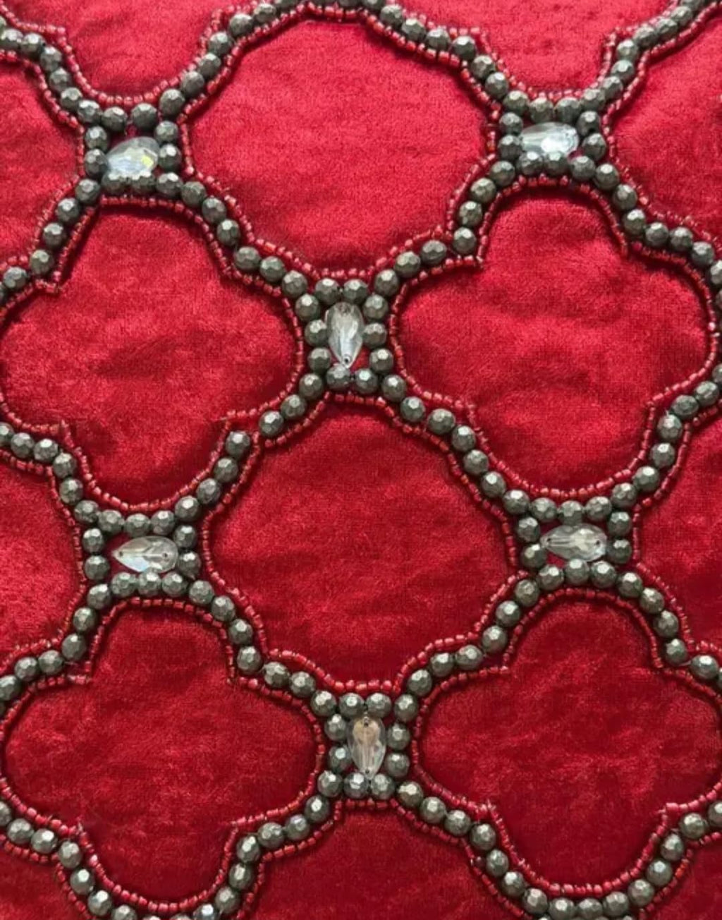 Red Velvet Decorative Cushion Cover with Silver Beaded Quatrefoil Embroidery, Sofa Throw Pillow