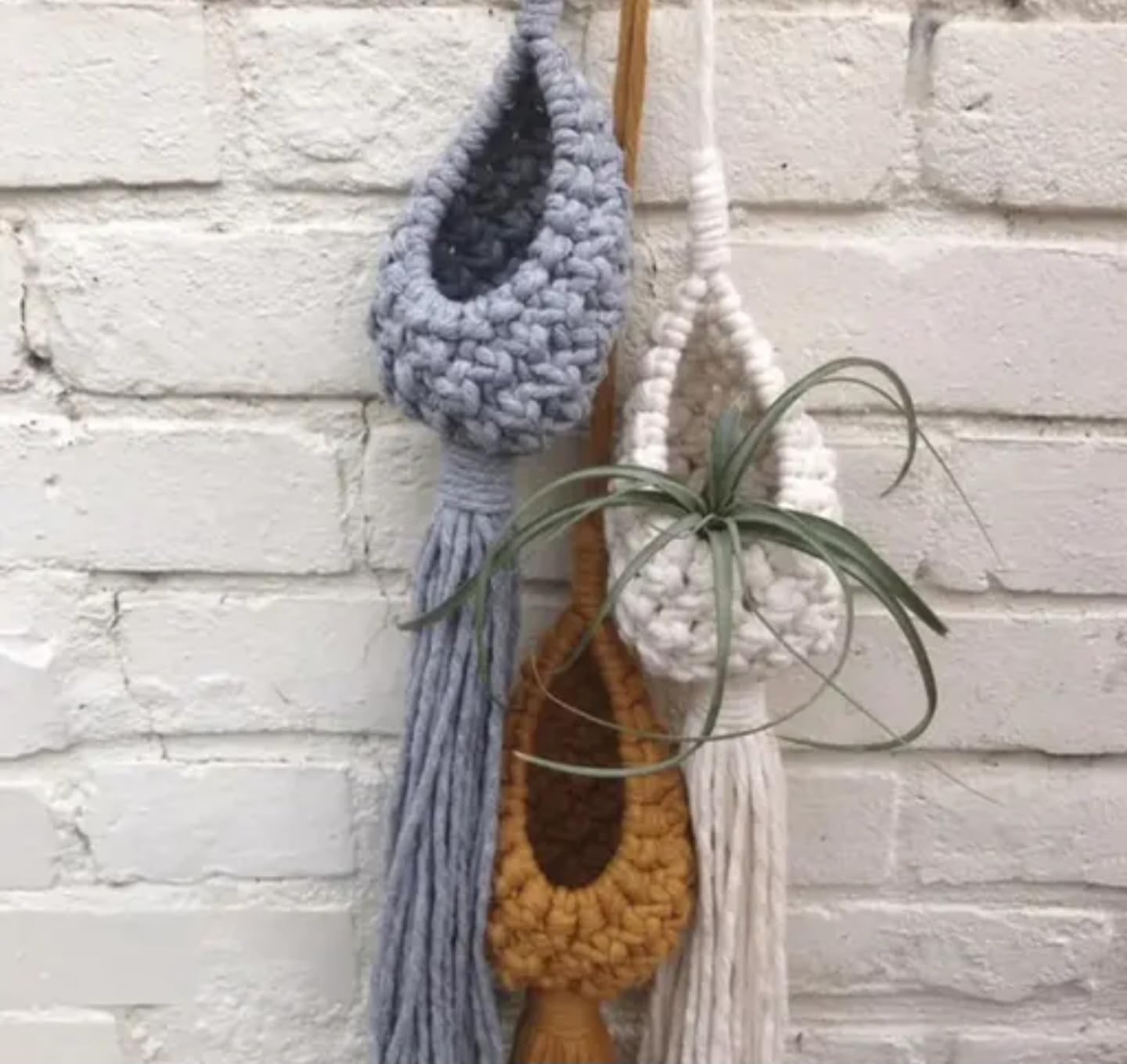 Handmade Macrame Air Plant Holder, Wall Hanging Planter, Grey and Mustard, Decorative Rope