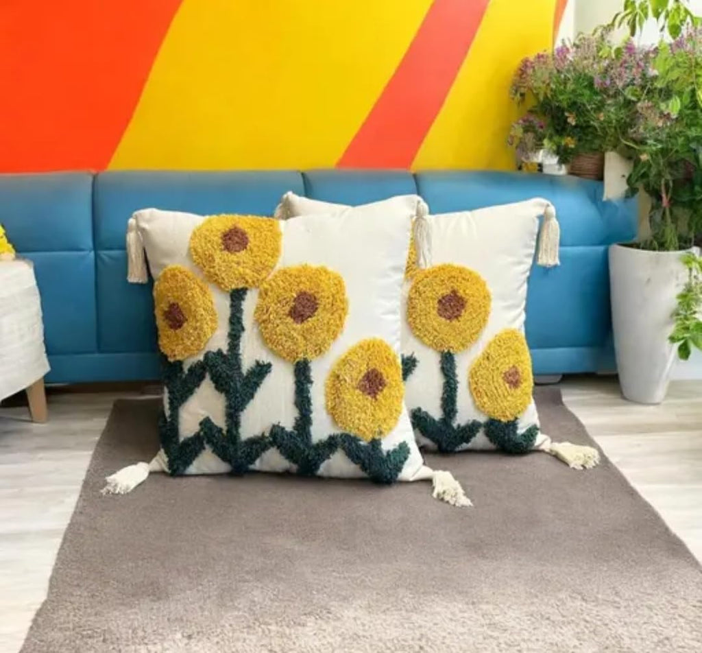 Sunflower Tufted Throw Pillow Cover, Cream, Boho Style with Tassels, Floral Embroidered Cushion Cover