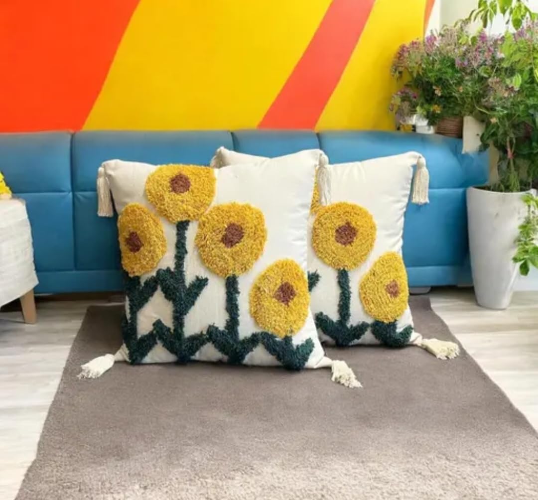 Sunflower Tufted Throw Pillow Cover, Cream, Boho Style with Tassels, Floral Embroidered Cushion Cover