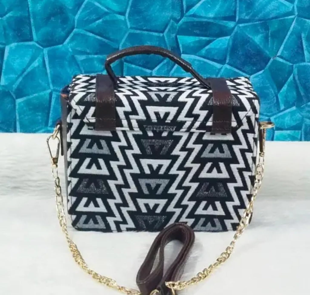 Geometric Pattern Handbag with Chain Strap, Black and White Aztec Design, Leather Buckle Details