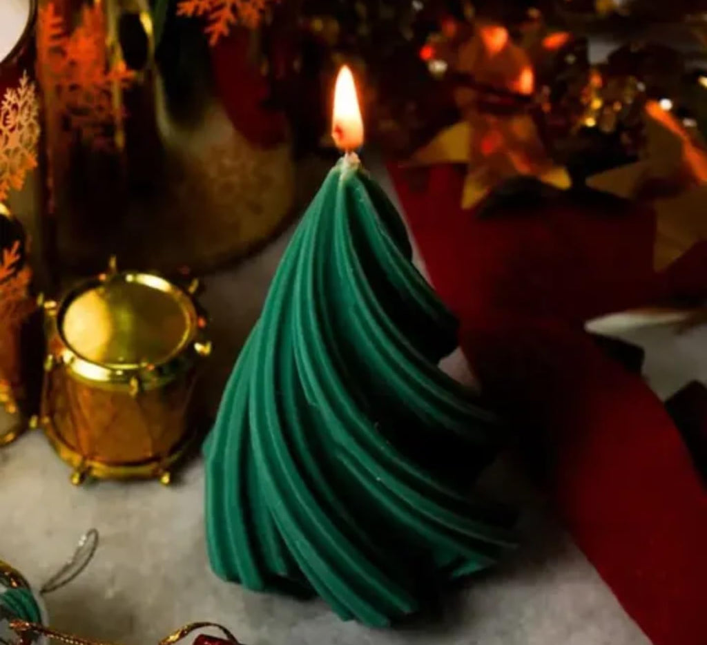 Decorative Christmas Tree Candle, Green Spiral Design, Holiday Home Decor