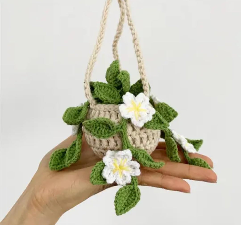 Crochet Hanging Planter, Handmade Knit Flower Pot with White Flowers and Green Leaves, Boho Home Decor
