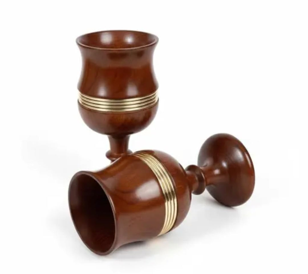 Handcrafted Wooden Goblet Set of 2, Brown with Gold Brass Band Accent, Decorative Wine Cup