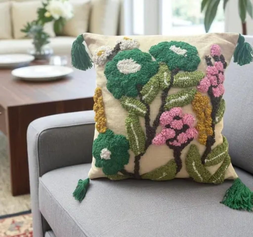 Floral Punch Needle Embroidered Throw Pillow Cover with Tassels, Botanical Garden Design, Beige