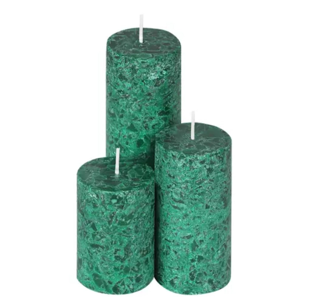Rustic Pillar Candles, Green Marbled Texture, Set of 3, Various Heights