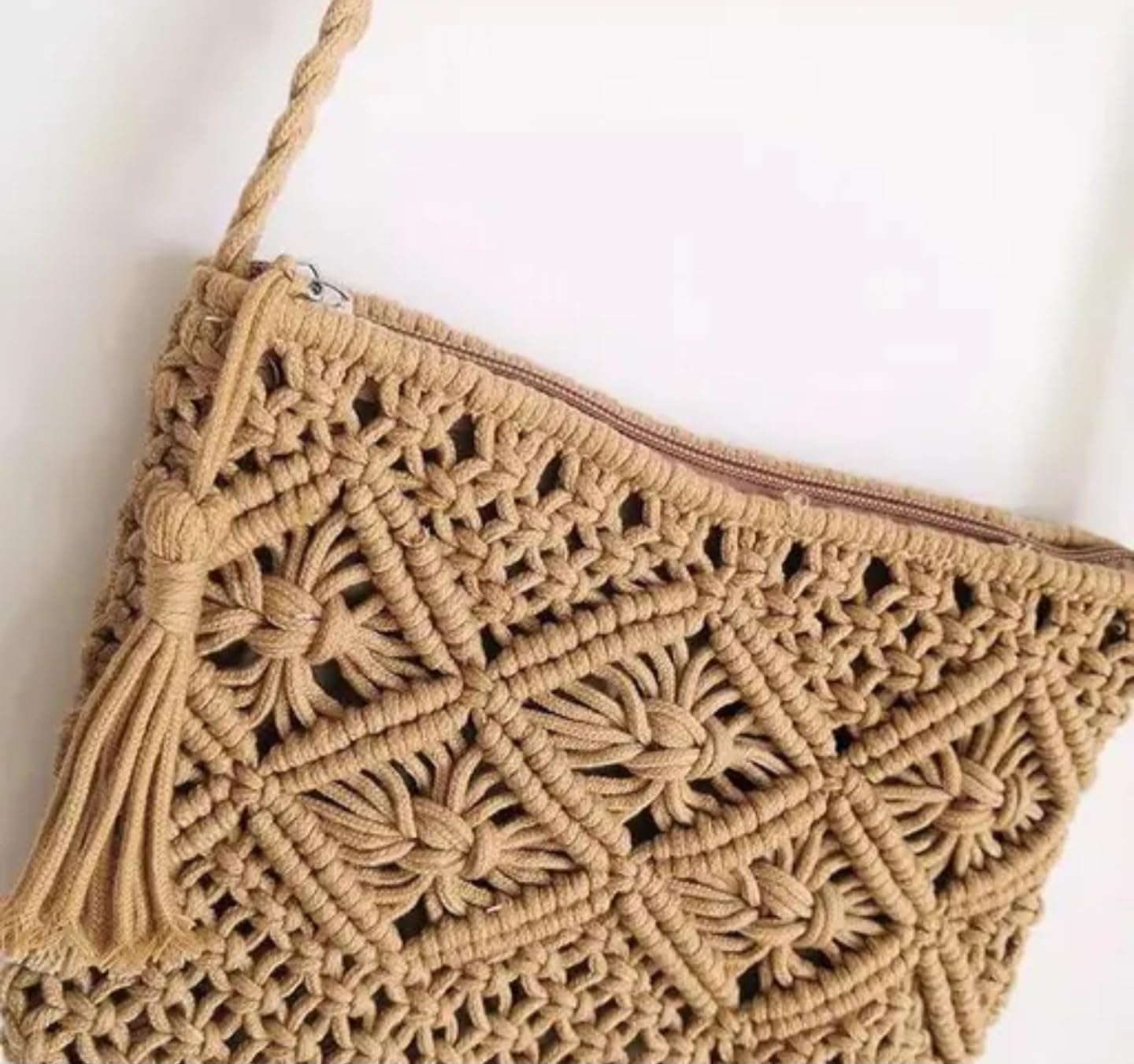 Handmade Macrame Crossbody Bag, Beige Cotton Woven Pattern, Braided Shoulder Strap