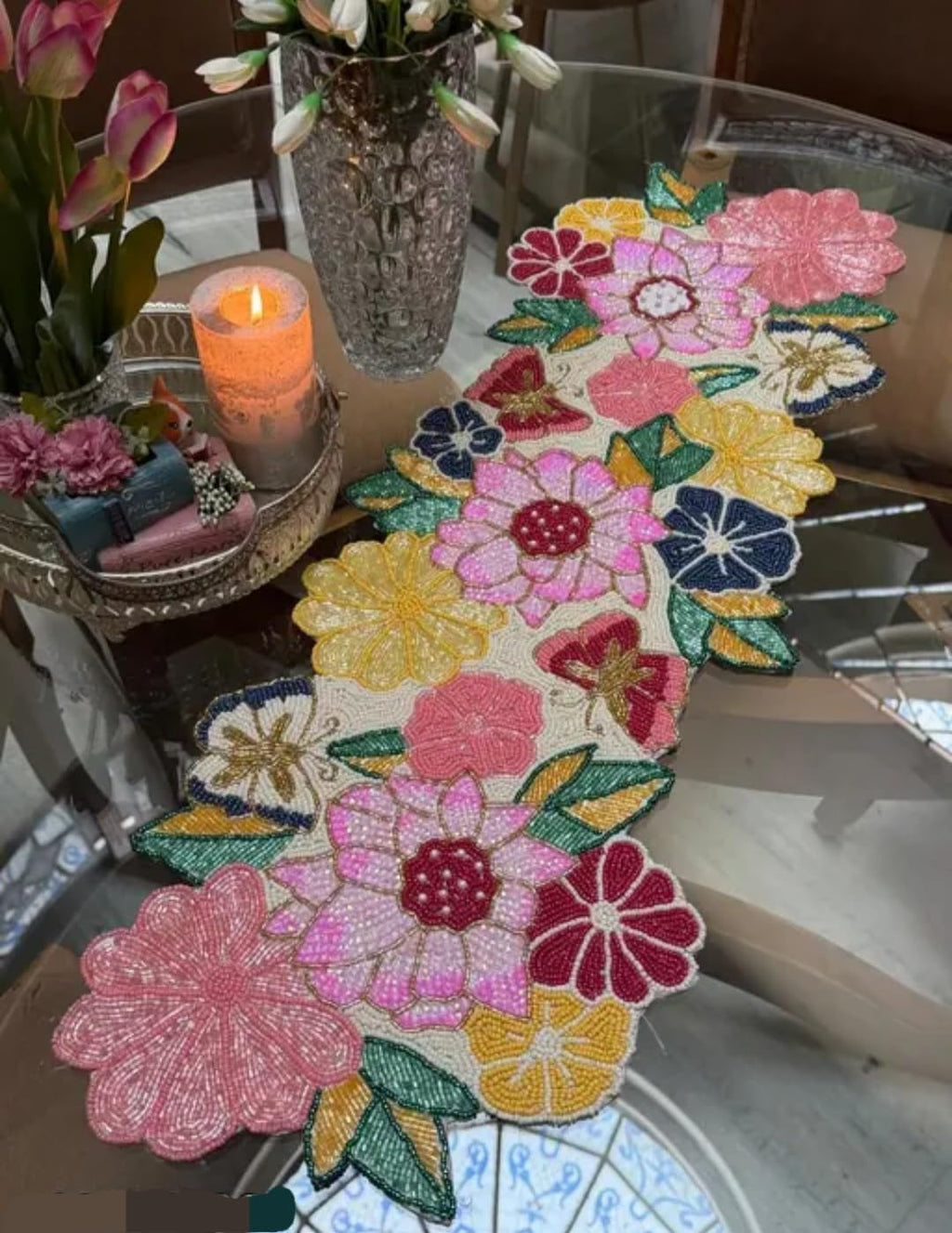 Beaded Floral Table Runner, Multicolor, Handcrafted Seed Bead, Botanical Garden Theme